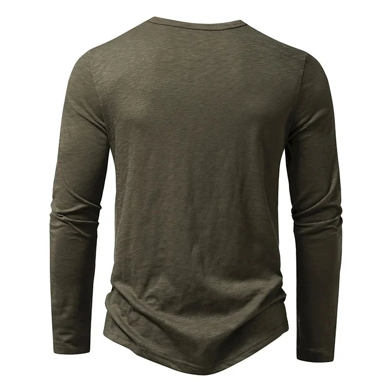 Autumn New Men's Cotton Button Long Sleeve Henley Neck T-Shirt Casual Solid Color Breathable Versatile Fashion Slim T-Shirts