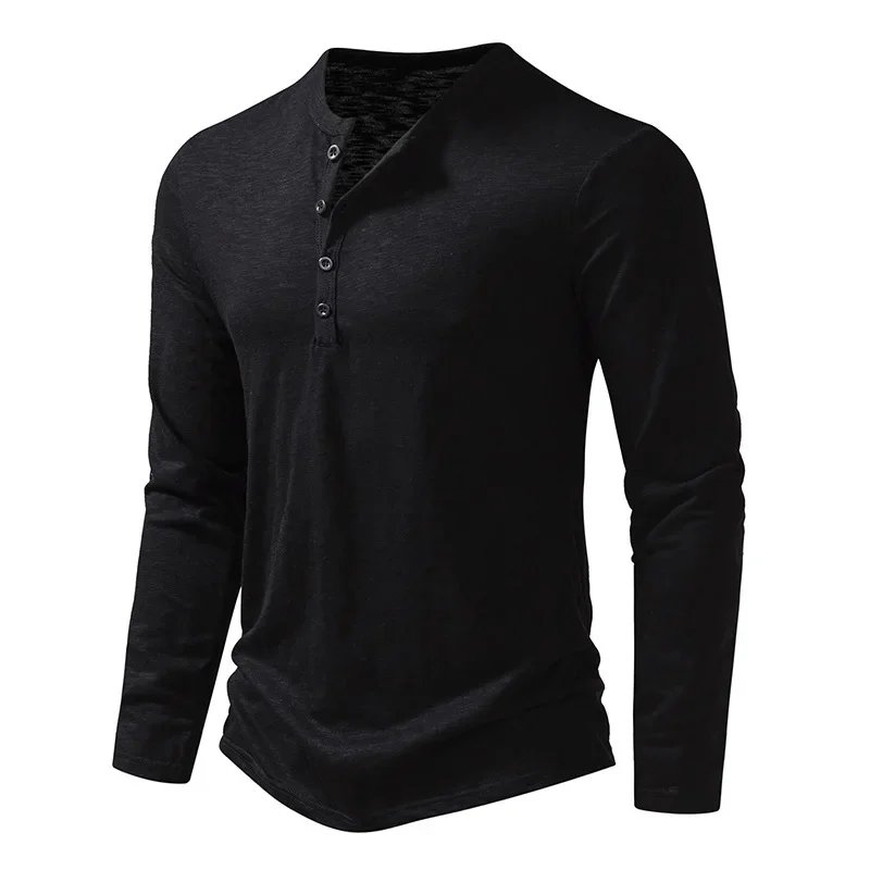 Autumn New Men's Cotton Button Long Sleeve Henley Neck T-Shirt Casual Solid Color Breathable Versatile Fashion Slim T-Shirts