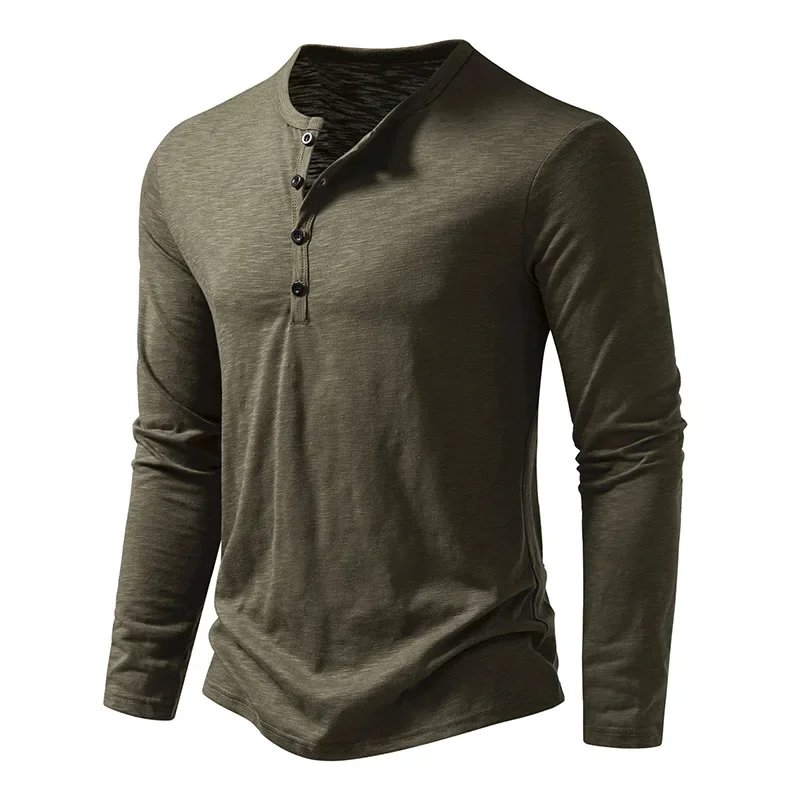 Autumn New Men's Cotton Button Long Sleeve Henley Neck T-Shirt Casual Solid Color Breathable Versatile Fashion Slim T-Shirts
