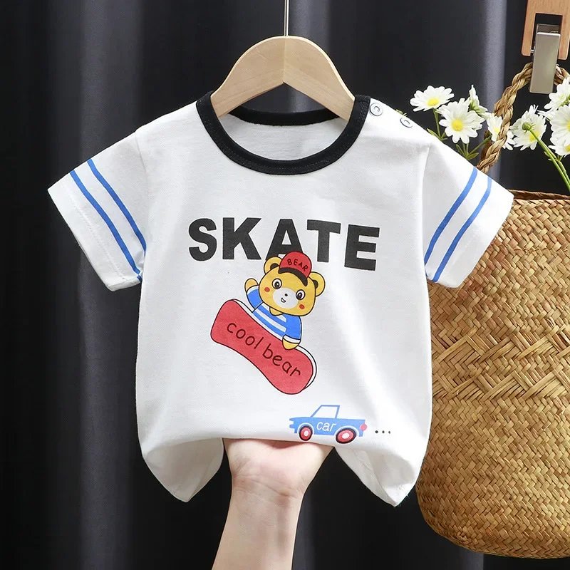 Summer Cartoon T-shirt for Kids 2025 Animal Printing Dinosaur Cat Design Boys Girls Striped Tops Tees Baby Clothes