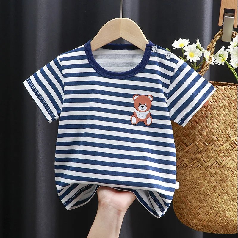 Summer Cartoon T-shirt for Kids 2025 Animal Printing Dinosaur Cat Design Boys Girls Striped Tops Tees Baby Clothes
