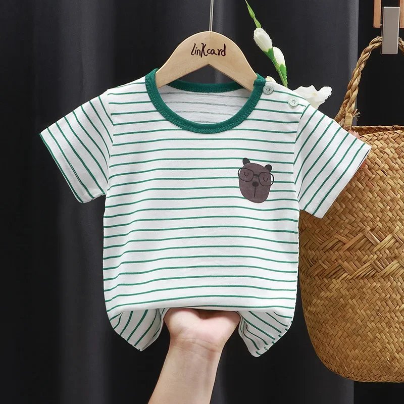 Summer Cartoon T-shirt for Kids 2025 Animal Printing Dinosaur Cat Design Boys Girls Striped Tops Tees Baby Clothes