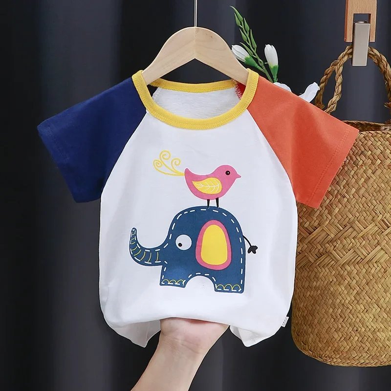 Summer Cartoon T-shirt for Kids 2025 Animal Printing Dinosaur Cat Design Boys Girls Striped Tops Tees Baby Clothes