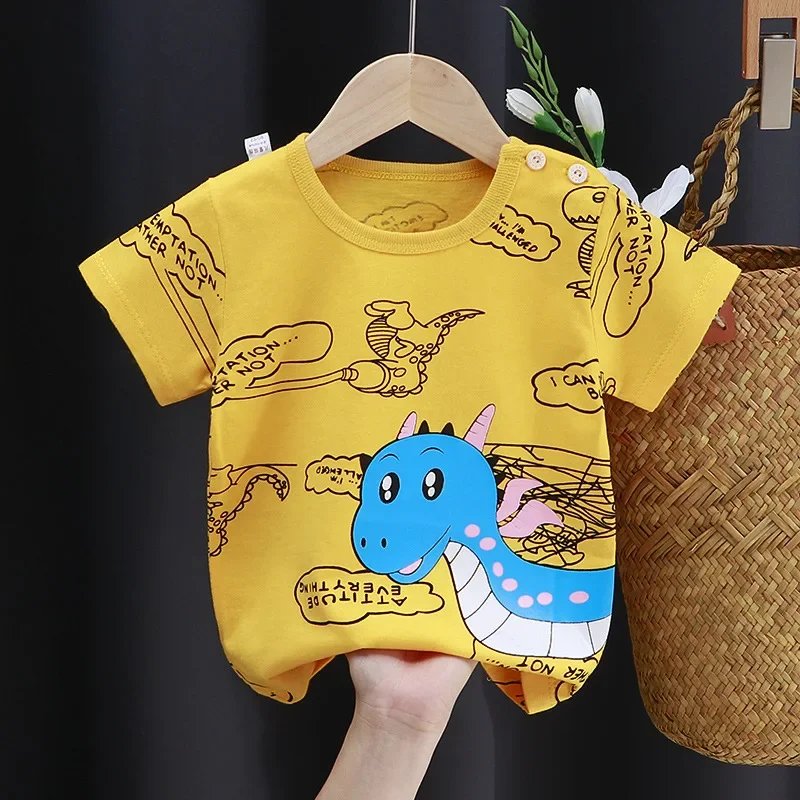 Summer Cartoon T-shirt for Kids 2025 Animal Printing Dinosaur Cat Design Boys Girls Striped Tops Tees Baby Clothes