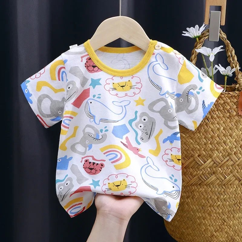 Summer Cartoon T-shirt for Kids 2025 Animal Printing Dinosaur Cat Design Boys Girls Striped Tops Tees Baby Clothes