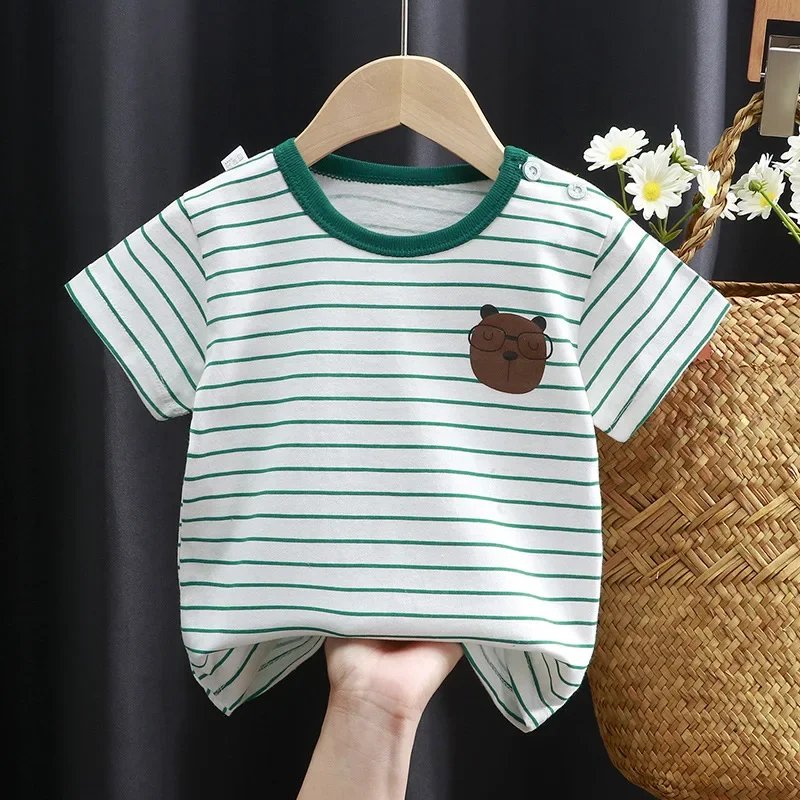 Summer Cartoon T-shirt for Kids 2025 Animal Printing Dinosaur Cat Design Boys Girls Striped Tops Tees Baby Clothes