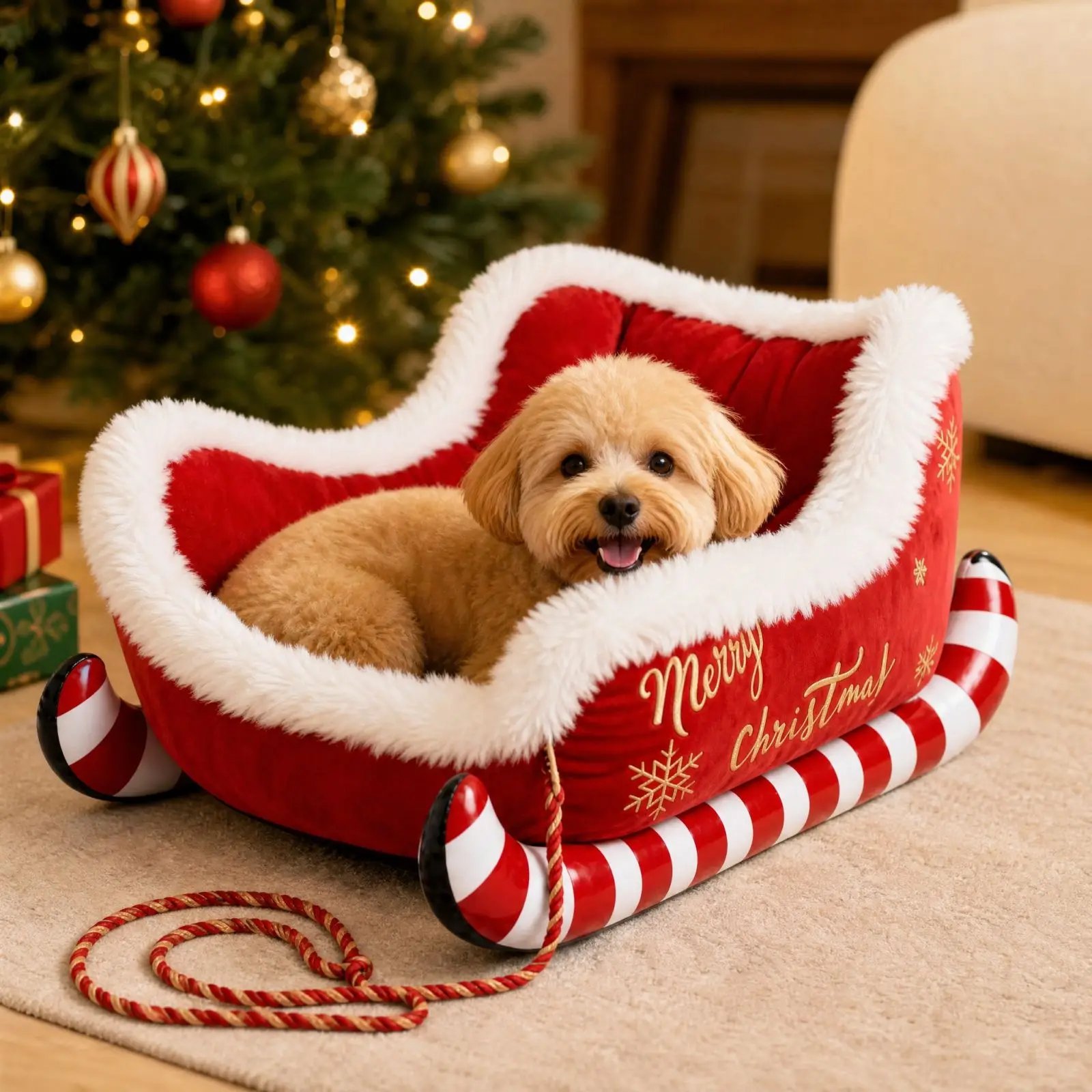 Cozy Christmas Sleigh Pet Bed Removable Washable Cat Dog Nest Non-Slip Bottom Pet Warm Sofa Cat Dog