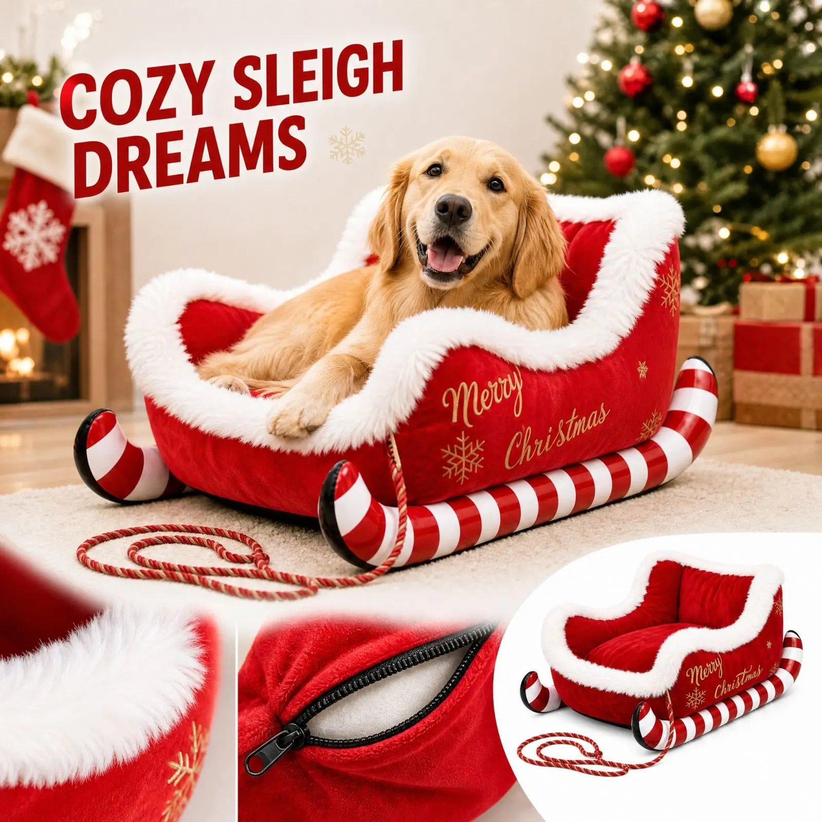 Cozy Christmas Sleigh Pet Bed Removable Washable Cat Dog Nest Non-Slip Bottom Pet Warm Sofa Cat Dog