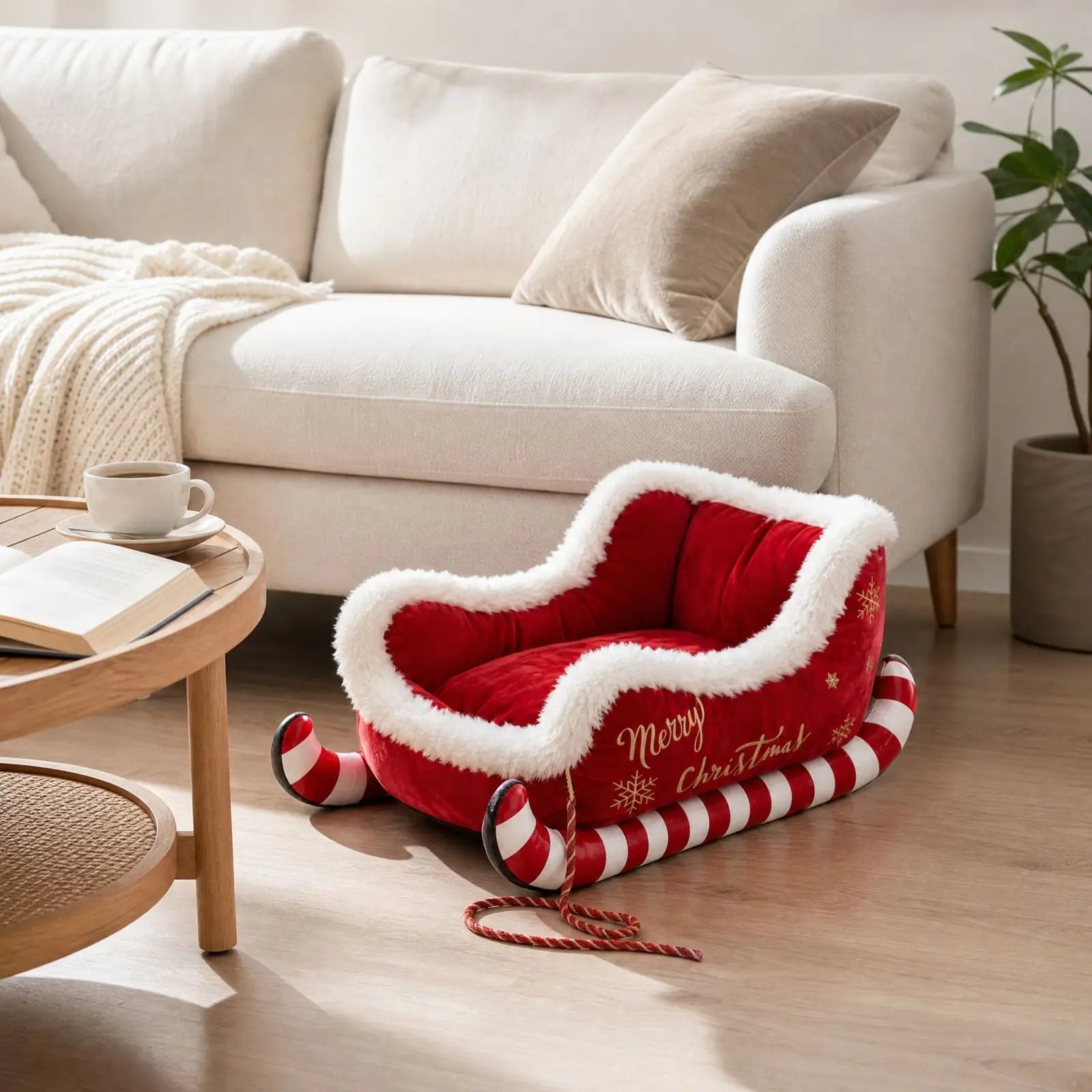 Cozy Christmas Sleigh Pet Bed Removable Washable Cat Dog Nest Non-Slip Bottom Pet Warm Sofa Cat Dog