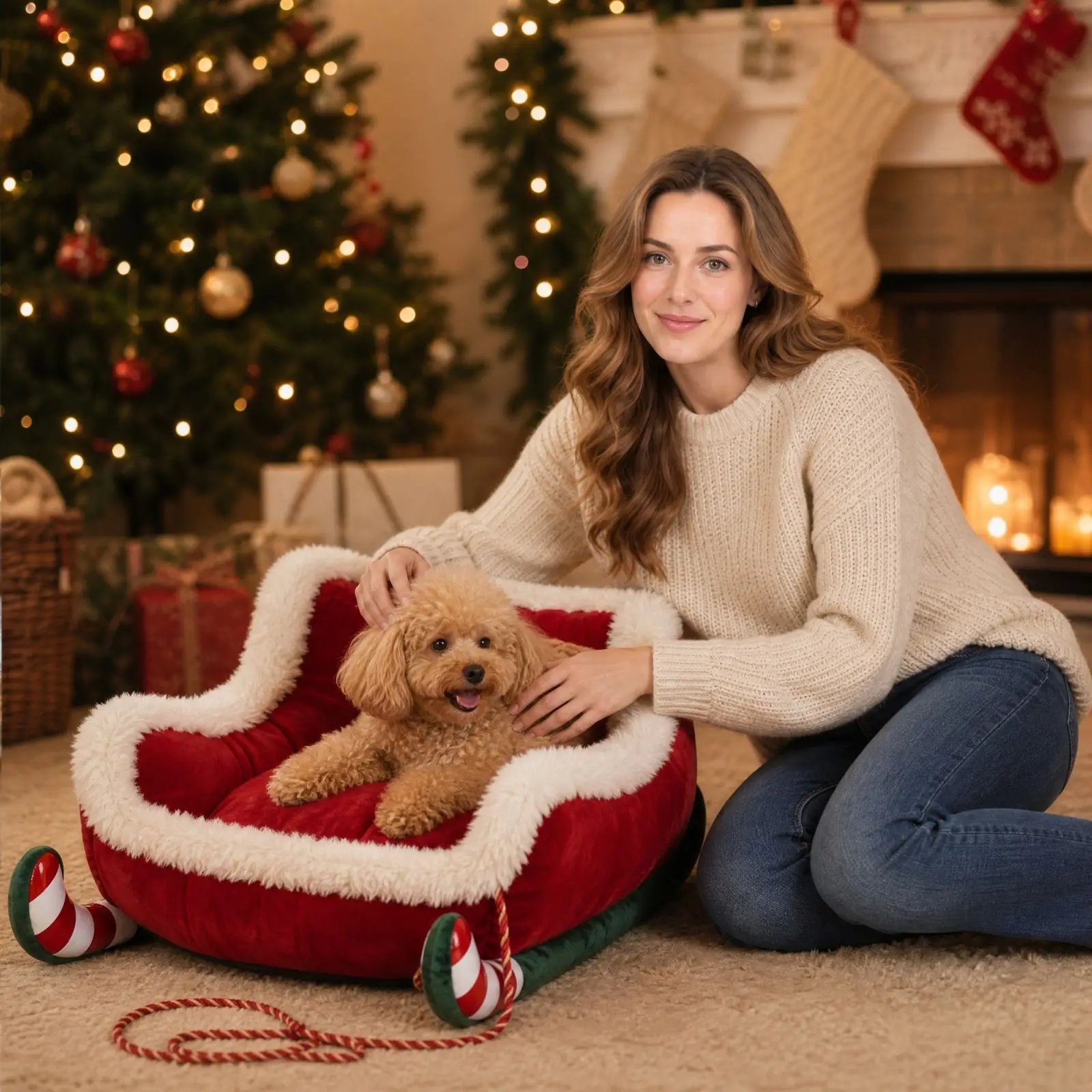 Cozy Christmas Sleigh Pet Bed Removable Washable Cat Dog Nest Non-Slip Bottom Pet Warm Sofa Cat Dog