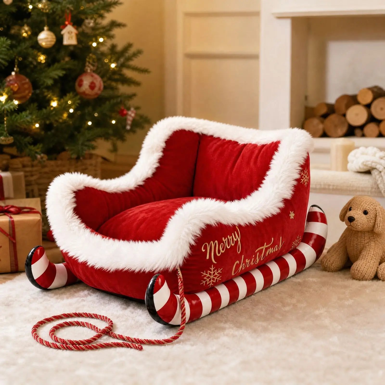 Cozy Christmas Sleigh Pet Bed Removable Washable Cat Dog Nest Non-Slip Bottom Pet Warm Sofa Cat Dog