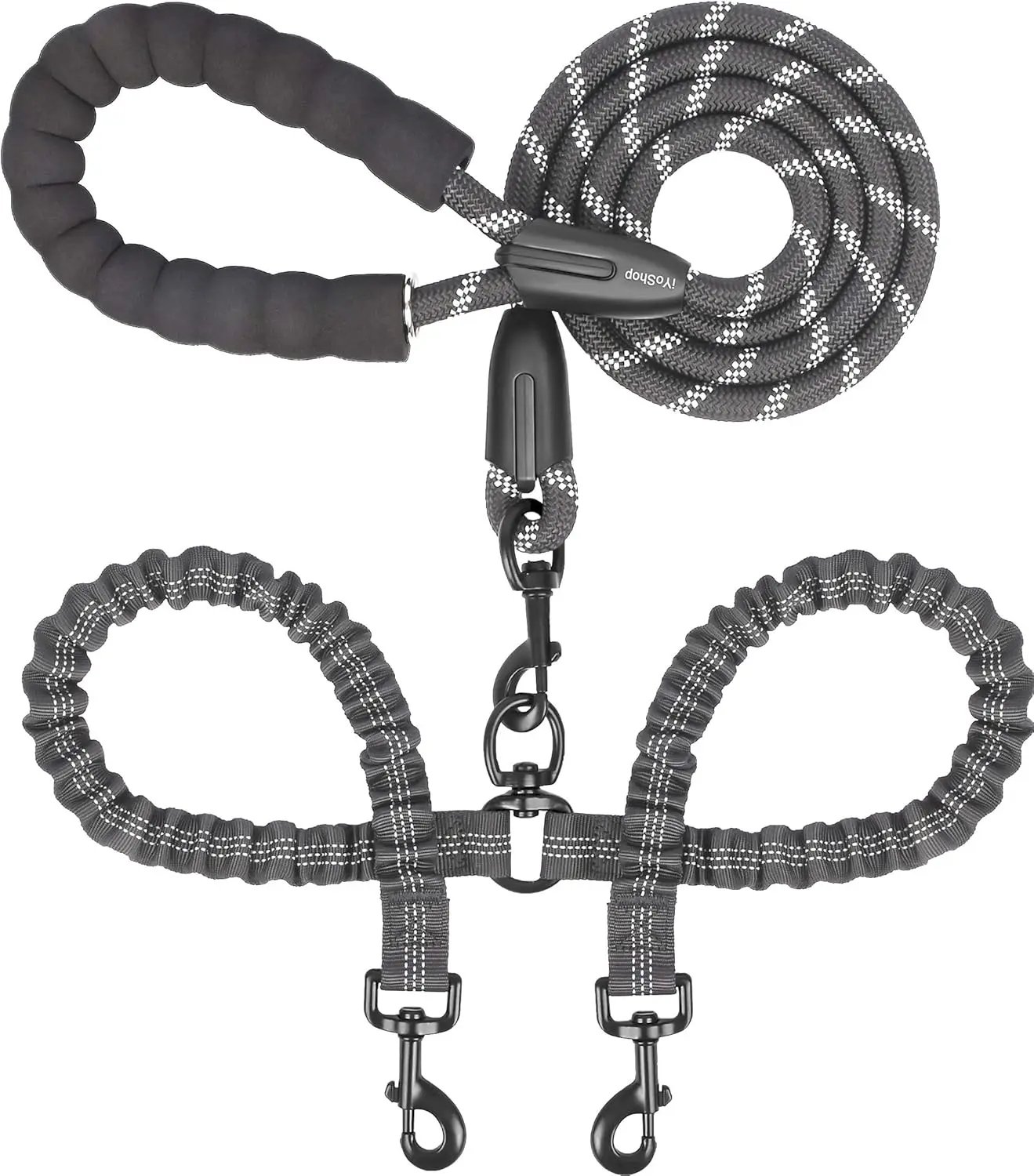 Dual Dog Leash, Double Dog Leash, 360 Swivel No Tangle Walking Leash, Shock Absorbing Bungee for Two Dogs