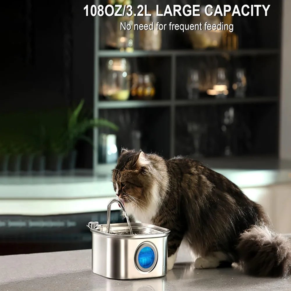 Transparent Window Cat Water Dispenser with Sensor 3.2L/108oz Super Quiet & Pets Auto Filter Stainless Steel Cats Water Fountain