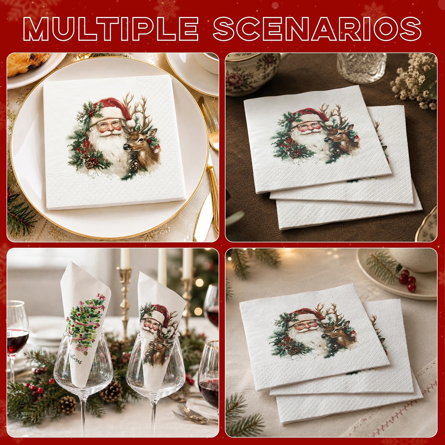 JINYUDOME Merry Christmas Disposable Paper Napkins Gold Text Winter Pine Berry Print for Holiday Dinner Party Cocktail Napkin