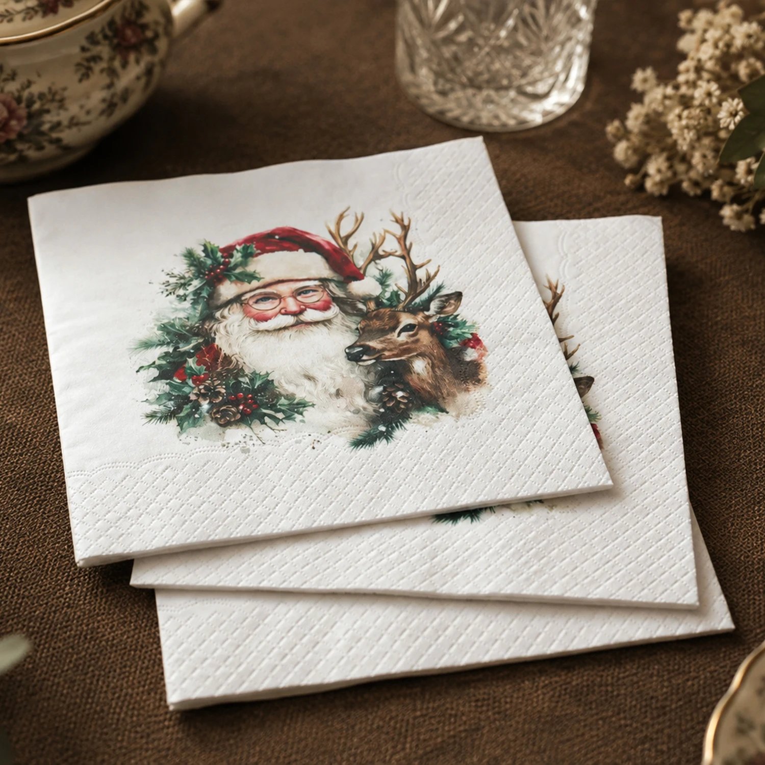 JINYUDOME Merry Christmas Disposable Paper Napkins Gold Text Winter Pine Berry Print for Holiday Dinner Party Cocktail Napkin