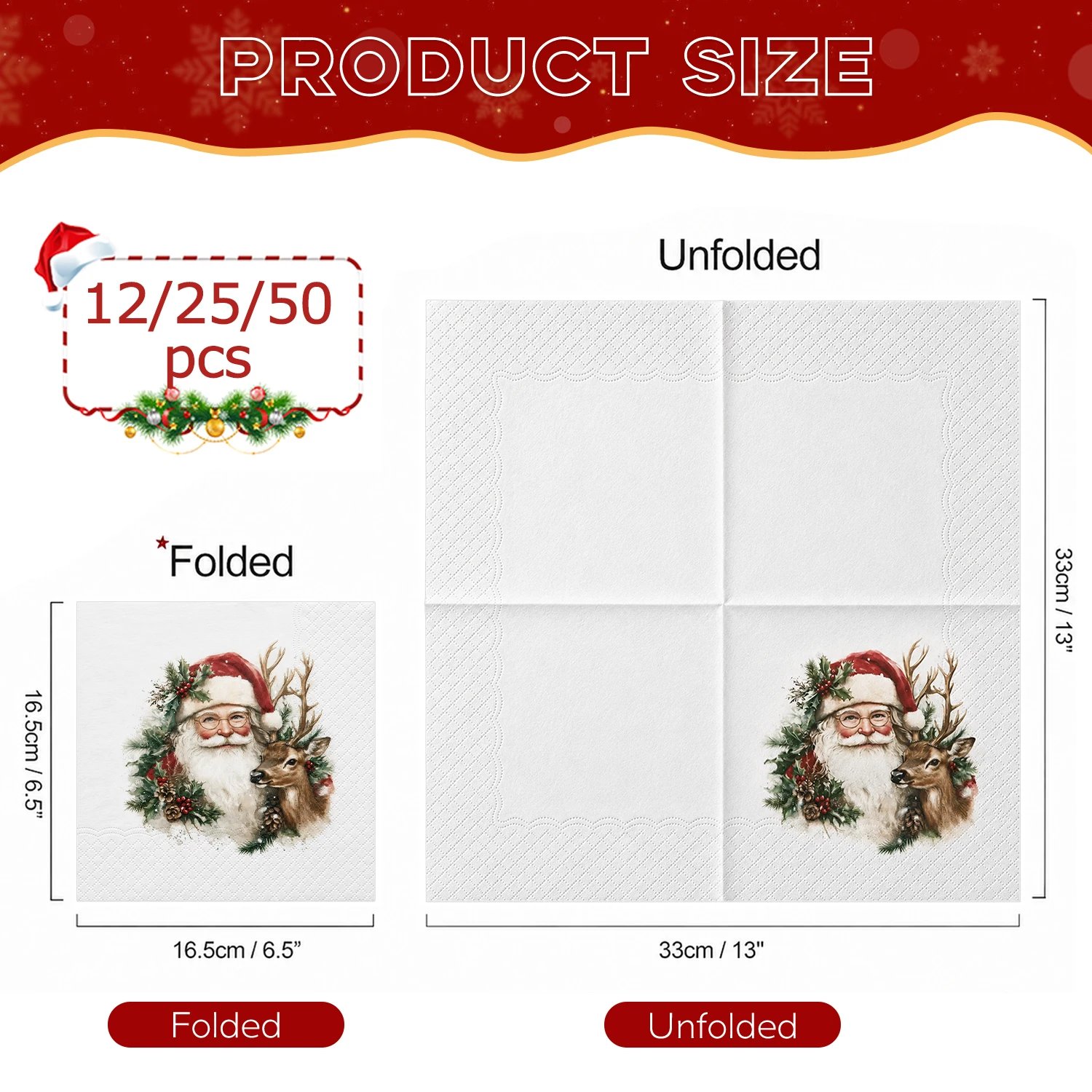 JINYUDOME Merry Christmas Disposable Paper Napkins Gold Text Winter Pine Berry Print for Holiday Dinner Party Cocktail Napkin