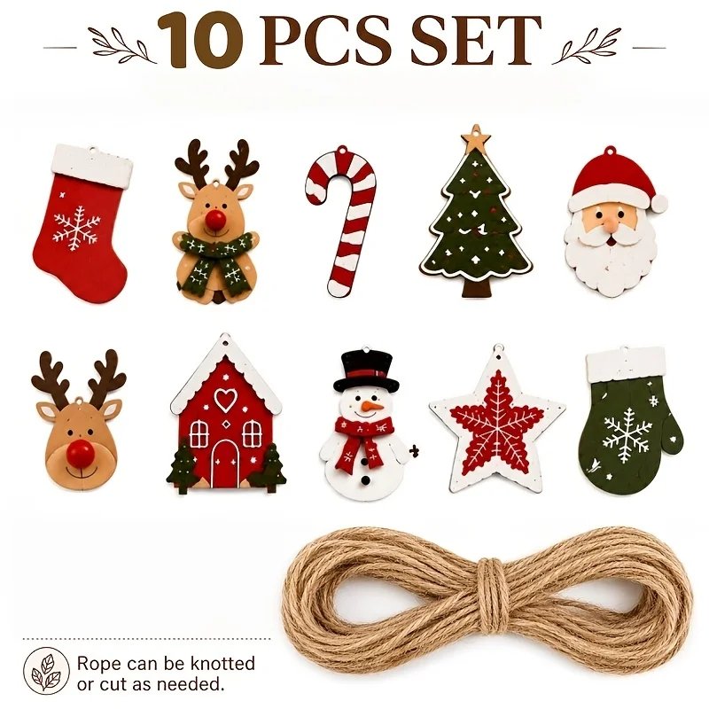 10pcs Christmas Wooden Decoration Set, Rustic Wooden Hanging Ornament Set Winter Home Decor, Holiday Ornaments