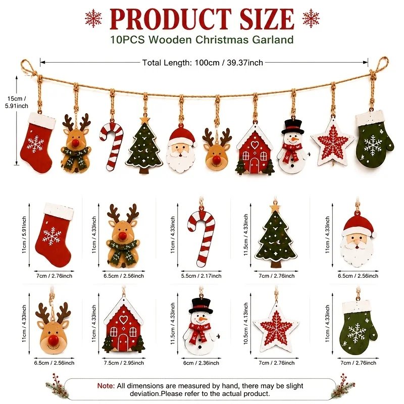 10pcs Christmas Wooden Decoration Set, Rustic Wooden Hanging Ornament Set Winter Home Decor, Holiday Ornaments