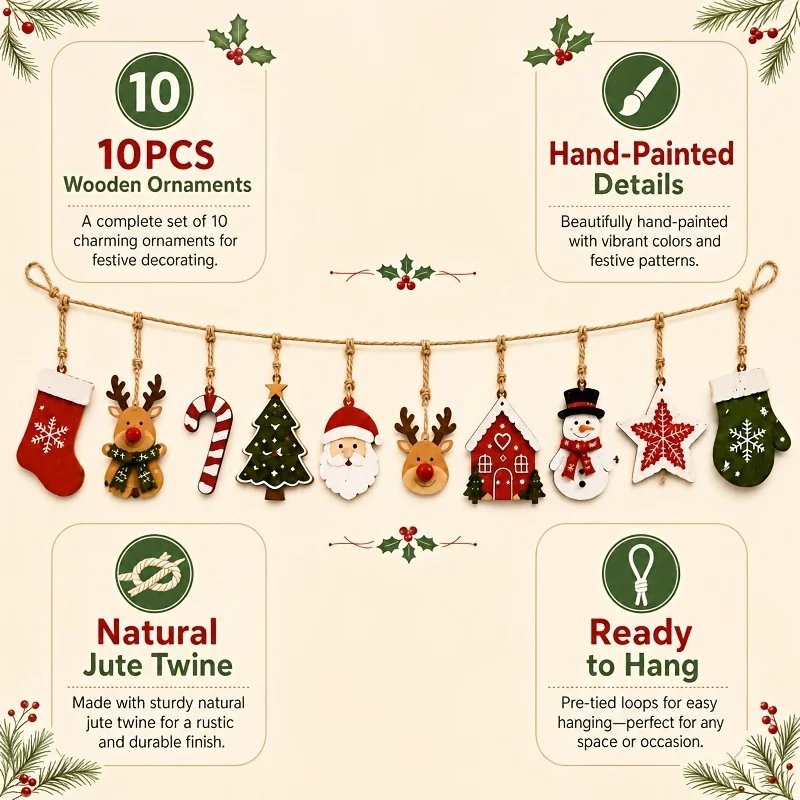 10pcs Christmas Wooden Decoration Set, Rustic Wooden Hanging Ornament Set Winter Home Decor, Holiday Ornaments