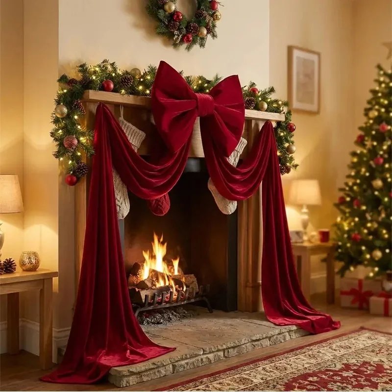 Retro Velvet Christmas Tree Bow Soft Red Trailing Fabric Long Ribbon Wrinkle Resistant Elegance Christmas Home Party Decoration
