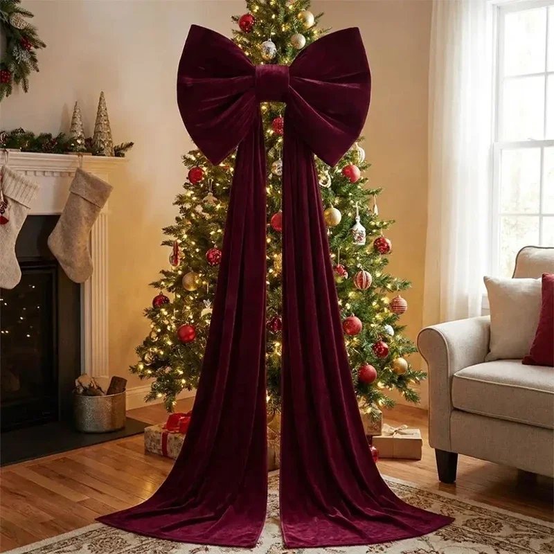 Retro Velvet Christmas Tree Bow Soft Red Trailing Fabric Long Ribbon Wrinkle Resistant Elegance Christmas Home Party Decoration