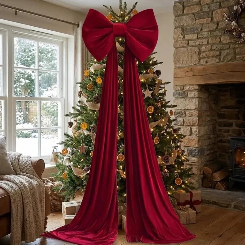 Retro Velvet Christmas Tree Bow Soft Red Trailing Fabric Long Ribbon Wrinkle Resistant Elegance Christmas Home Party Decoration