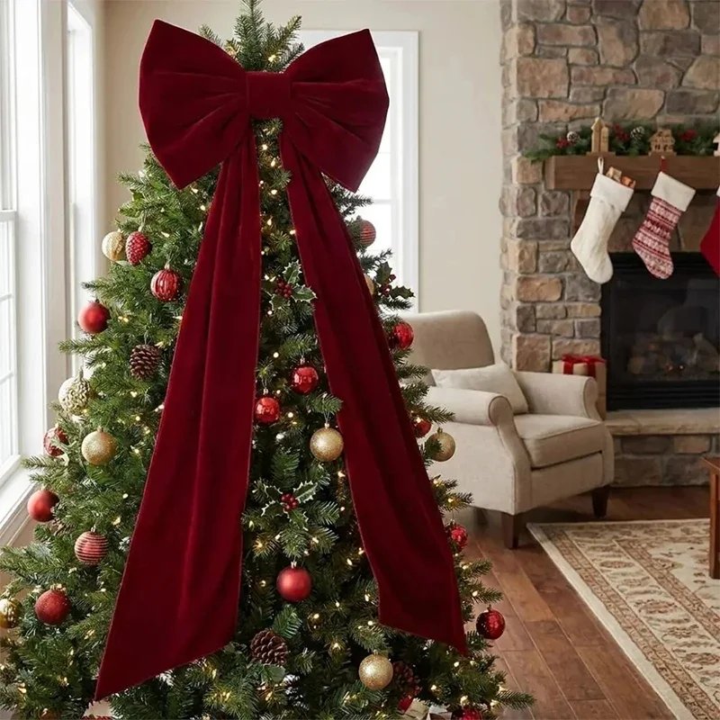 Retro Velvet Christmas Tree Bow Soft Red Trailing Fabric Long Ribbon Wrinkle Resistant Elegance Christmas Home Party Decoration