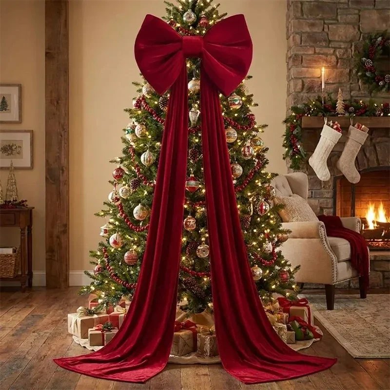 Retro Velvet Christmas Tree Bow Soft Red Trailing Fabric Long Ribbon Wrinkle Resistant Elegance Christmas Home Party Decoration
