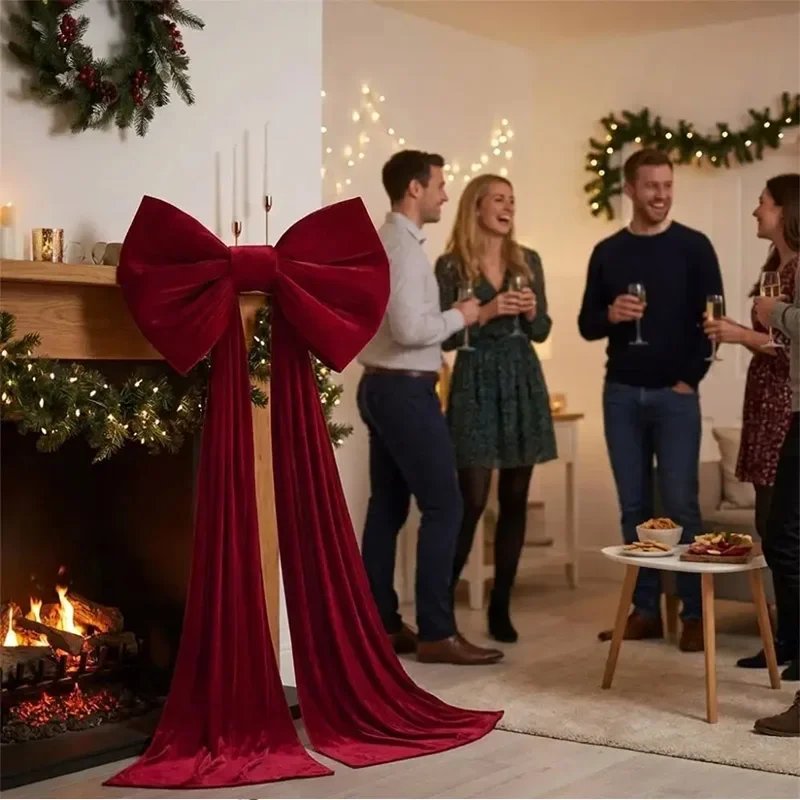 Retro Velvet Christmas Tree Bow Soft Red Trailing Fabric Long Ribbon Wrinkle Resistant Elegance Christmas Home Party Decoration
