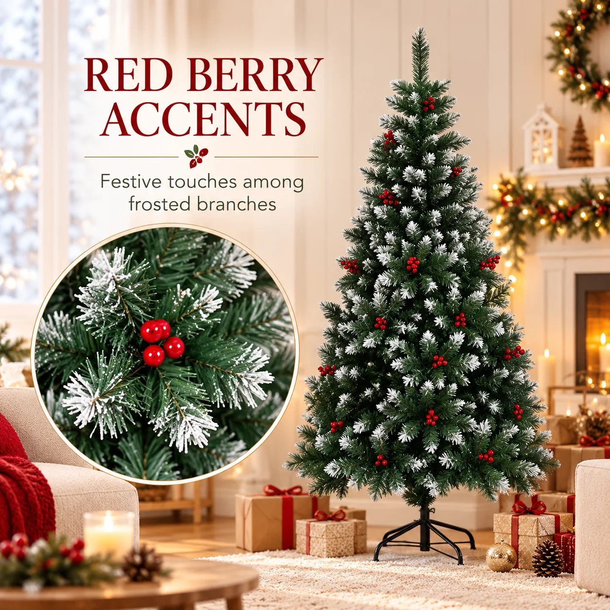 Frosted Artificial Christmas Tree with Red Berries & Metal Stand, 120/150/180/210/240cm for Indoor Home Holiday Christmas Decor Frosted Artificial Christmas Tree with Red Berries & Metal Stand, 120/150/180/210/240cm for Indoor Home Holiday Christmas Decor