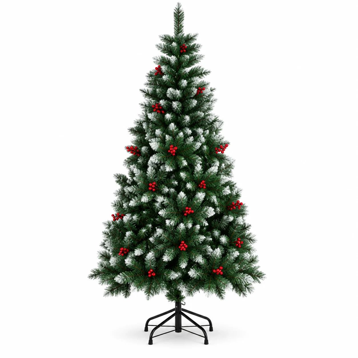 Frosted Artificial Christmas Tree with Red Berries & Metal Stand, 120/150/180/210/240cm for Indoor Home Holiday Christmas Decor Frosted Artificial Christmas Tree with Red Berries & Metal Stand, 120/150/180/210/240cm for Indoor Home Holiday Christmas Decor