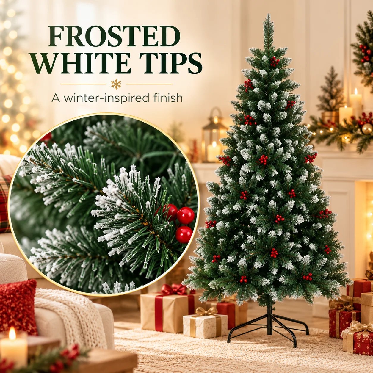 Frosted Artificial Christmas Tree with Red Berries & Metal Stand, 120/150/180/210/240cm for Indoor Home Holiday Christmas Decor Frosted Artificial Christmas Tree with Red Berries & Metal Stand, 120/150/180/210/240cm for Indoor Home Holiday Christmas Decor