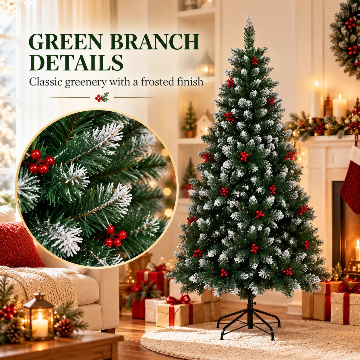 Frosted Artificial Christmas Tree with Red Berries & Metal Stand, 120/150/180/210/240cm for Indoor Home Holiday Christmas Decor Frosted Artificial Christmas Tree with Red Berries & Metal Stand, 120/150/180/210/240cm for Indoor Home Holiday Christmas Decor