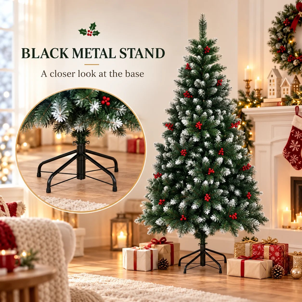 Frosted Artificial Christmas Tree with Red Berries & Metal Stand, 120/150/180/210/240cm for Indoor Home Holiday Christmas Decor Frosted Artificial Christmas Tree with Red Berries & Metal Stand, 120/150/180/210/240cm for Indoor Home Holiday Christmas Decor