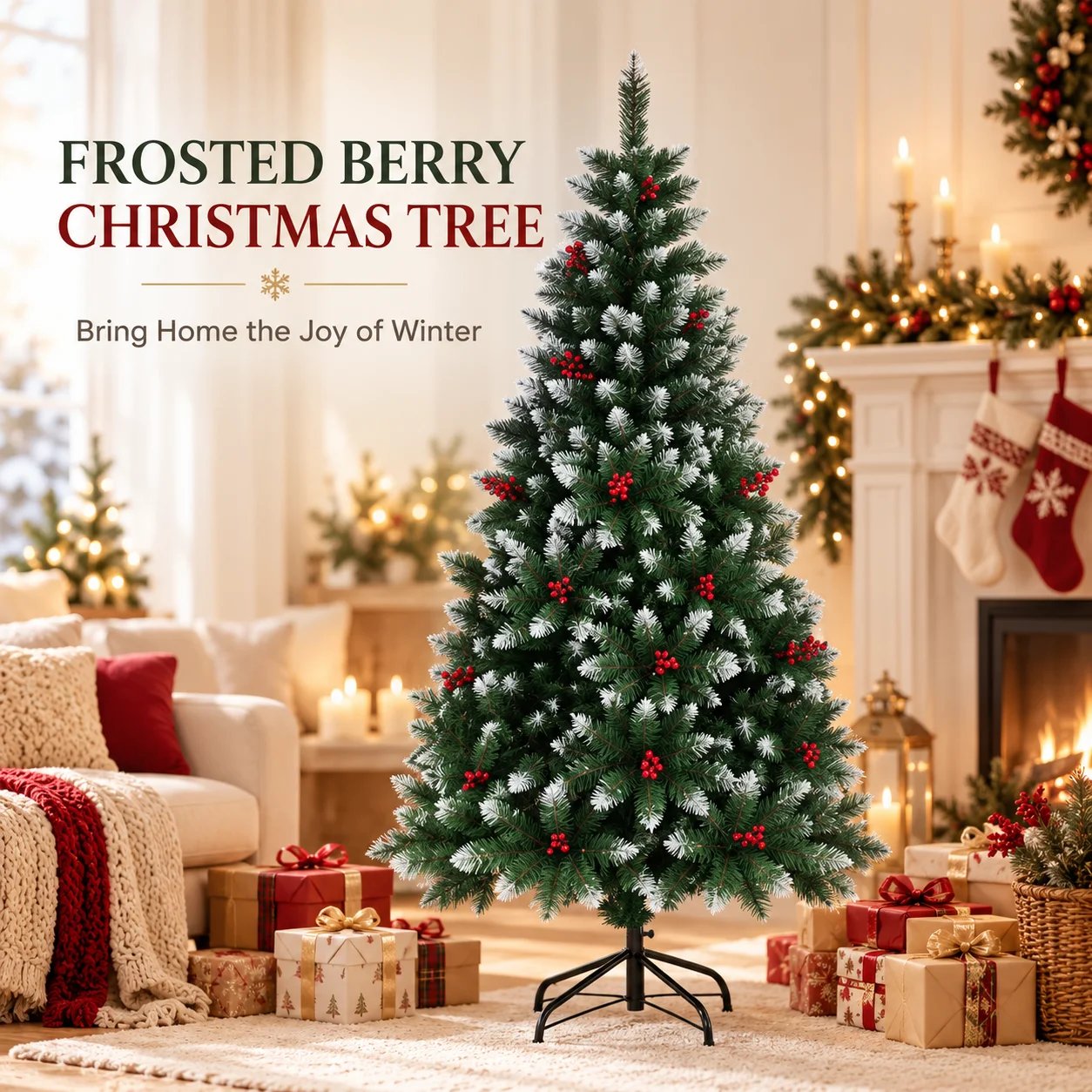 Frosted Artificial Christmas Tree with Red Berries & Metal Stand, 120/150/180/210/240cm for Indoor Home Holiday Christmas Decor Frosted Artificial Christmas Tree with Red Berries & Metal Stand, 120/150/180/210/240cm for Indoor Home Holiday Christmas Decor