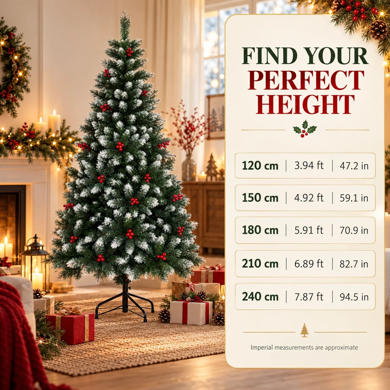 Frosted Artificial Christmas Tree with Red Berries & Metal Stand, 120/150/180/210/240cm for Indoor Home Holiday Christmas Decor Frosted Artificial Christmas Tree with Red Berries & Metal Stand, 120/150/180/210/240cm for Indoor Home Holiday Christmas Decor
