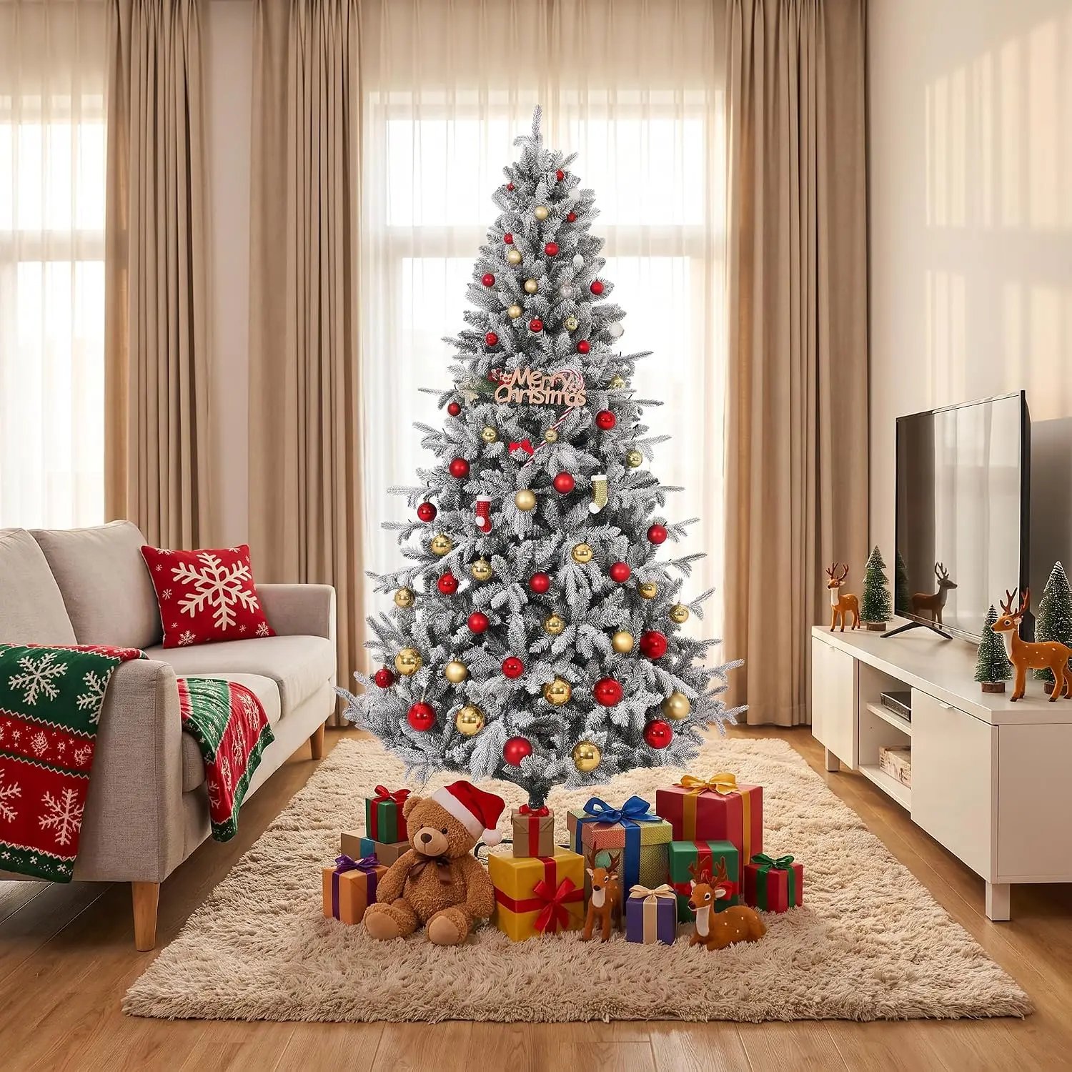 Garvee 6/3.5ft Flocked Pencil Christmas Tree with Warm White Lights Pre-lit Frosted Slim Artificial Tree Space Saving Xmas Tree Holiday Decoration for Home Holiday Decor