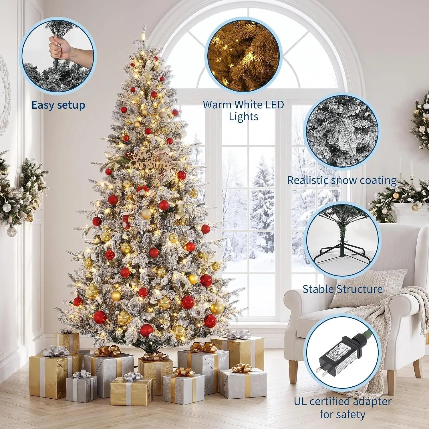 Garvee 6/3.5ft Flocked Pencil Christmas Tree with Warm White Lights Pre-lit Frosted Slim Artificial Tree Space Saving Xmas Tree Holiday Decoration for Home Holiday Decor