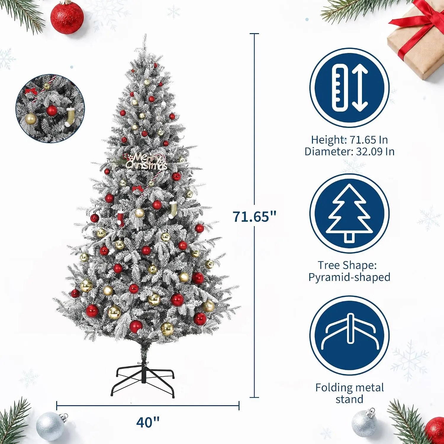 Garvee 6/3.5ft Flocked Pencil Christmas Tree with Warm White Lights Pre-lit Frosted Slim Artificial Tree Space Saving Xmas Tree Holiday Decoration for Home Holiday Decor