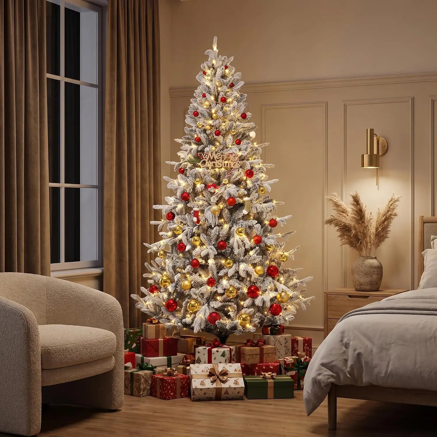 Garvee 6/3.5ft Flocked Pencil Christmas Tree with Warm White Lights Pre-lit Frosted Slim Artificial Tree Space Saving Xmas Tree Holiday Decoration for Home Holiday Decor
