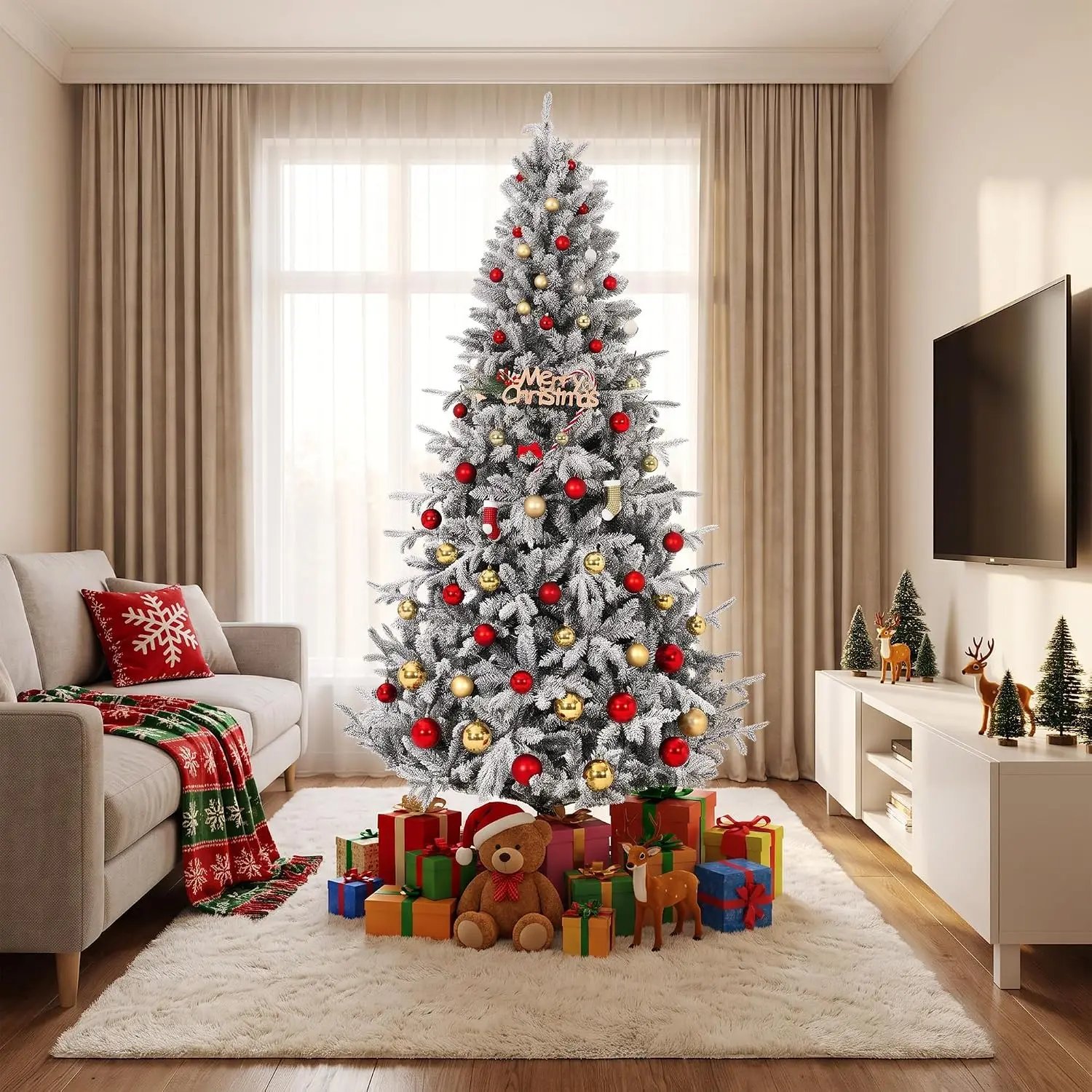 Garvee 6/3.5ft Flocked Pencil Christmas Tree with Warm White Lights Pre-lit Frosted Slim Artificial Tree Space Saving Xmas Tree Holiday Decoration for Home Holiday Decor