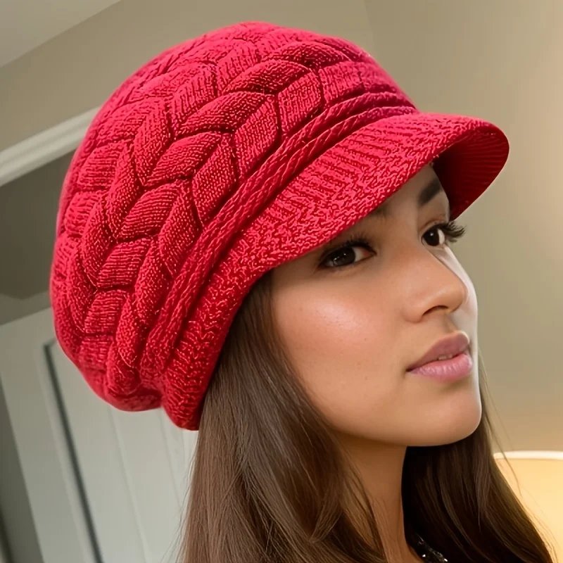 Retro women's winter warm knitted cap, cold weather running, camping, walking fashionable skiing cap with sun hat