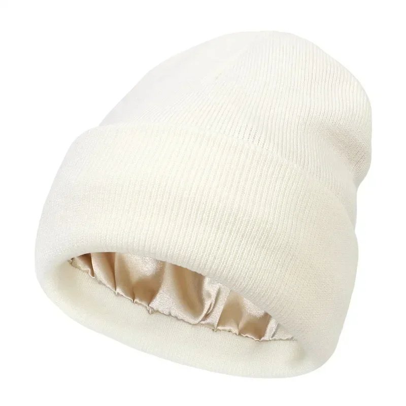 New Unisex Winter Hat Silk Satin Lined Beanies Men and Women Two-sided Protective Hair Style Warm Knitted Hat Woolen Hat