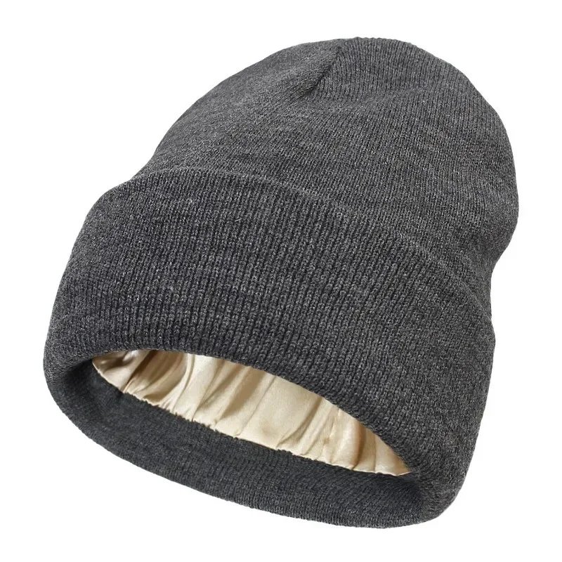 New Unisex Winter Hat Silk Satin Lined Beanies Men and Women Two-sided Protective Hair Style Warm Knitted Hat Woolen Hat
