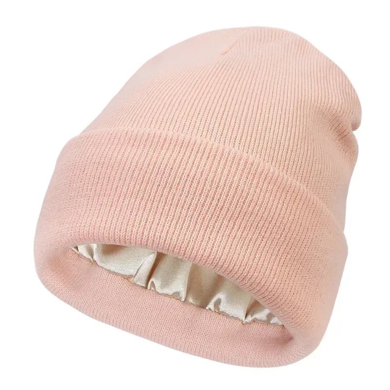 New Unisex Winter Hat Silk Satin Lined Beanies Men and Women Two-sided Protective Hair Style Warm Knitted Hat Woolen Hat
