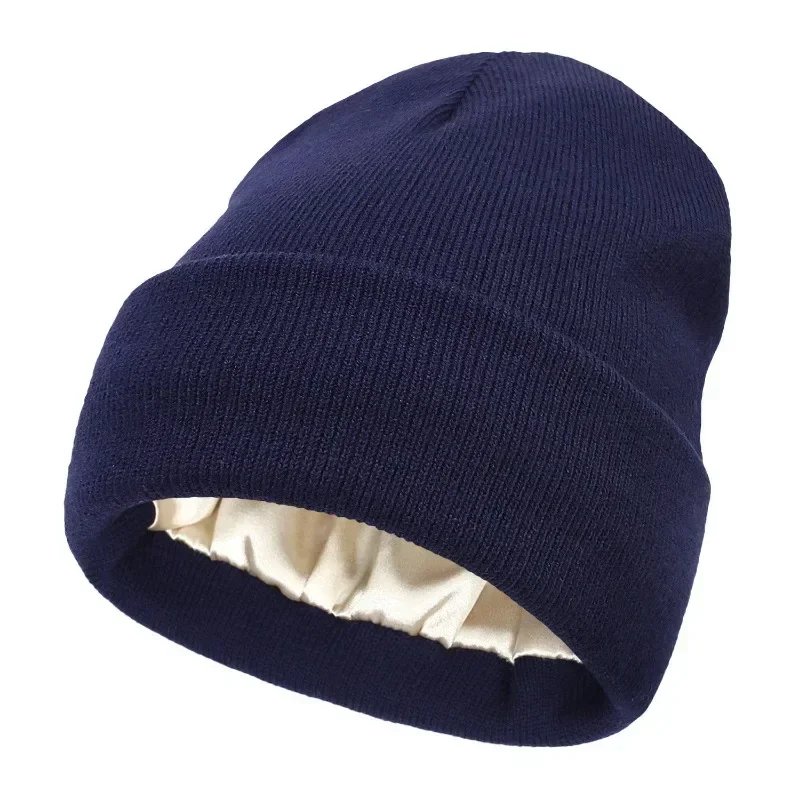 New Unisex Winter Hat Silk Satin Lined Beanies Men and Women Two-sided Protective Hair Style Warm Knitted Hat Woolen Hat