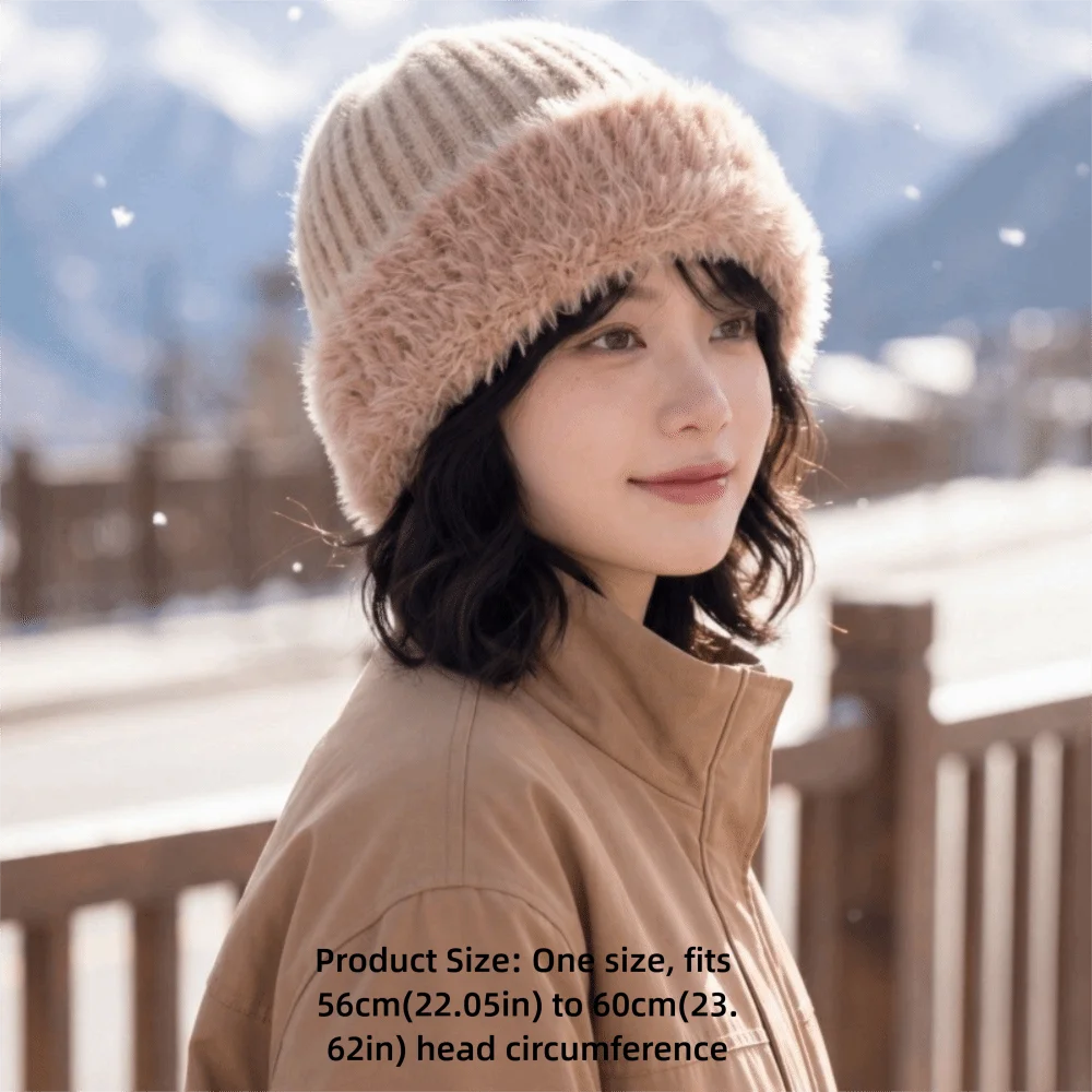 Polyester Knitted Beanie Hat Large Head Circumference 56cm to 60cm Fuzzy Cuff Beanie Warm Winter Fleece Lined Winter Beanie Hat Polyester Knitted Beanie Hat Large Head Circumference 56cm to 60cm Fuzzy Cuff Beanie Warm Winter Fleece Lined Winter Beanie Hat