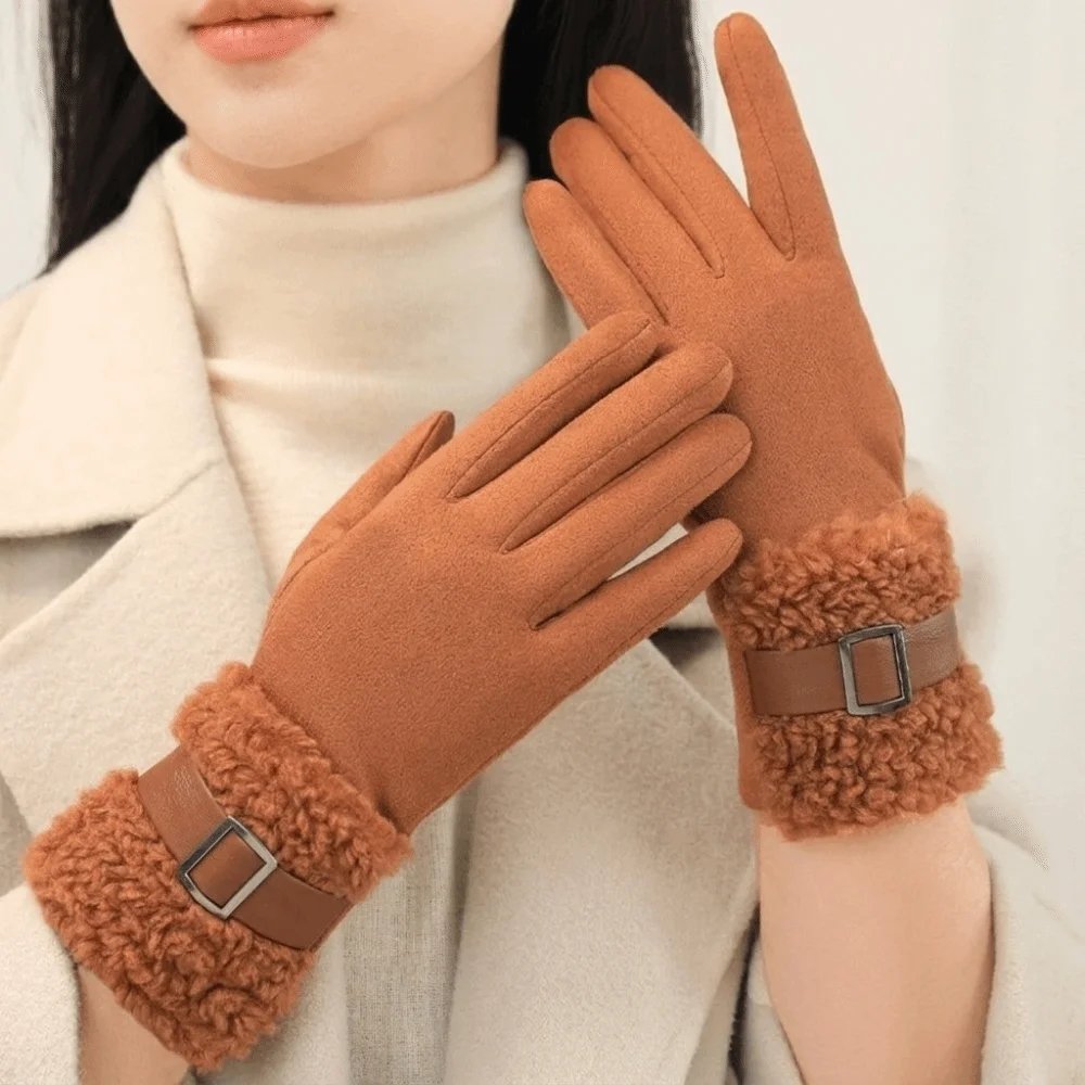 Elegant Fleece Winter Women's Gloves Windproof Thickened Women Suede Gloves Anti Cold Fleece-Lined Cycling Mittens Outdoor