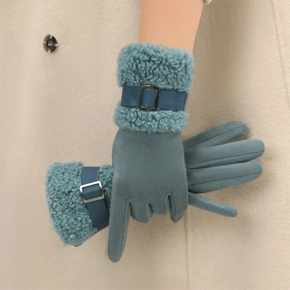 Elegant Fleece Winter Women's Gloves Windproof Thickened Women Suede Gloves Anti Cold Fleece-Lined Cycling Mittens Outdoor
