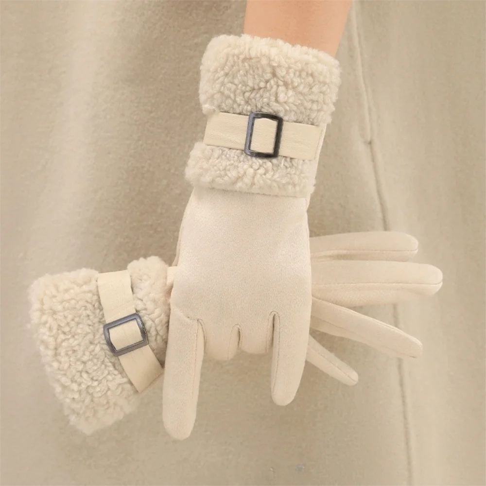 Elegant Fleece Winter Women's Gloves Windproof Thickened Women Suede Gloves Anti Cold Fleece-Lined Cycling Mittens Outdoor